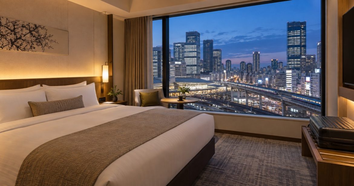 Contemporary Umeda hotel room overlooking Osaka Station at blue hour