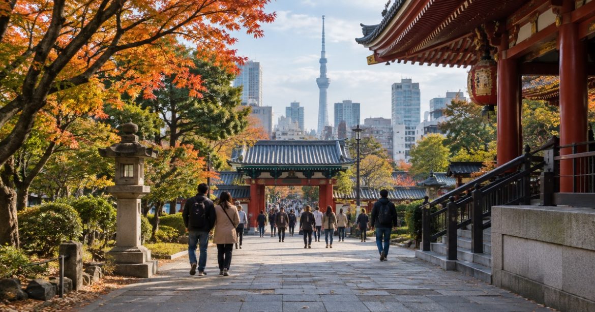 Japan temple approach and Tokyo skyline framed by early autumn maple leaves