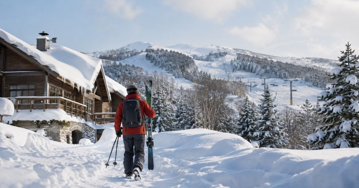留壽都滑雪旅行攝影風格示意圖：雪坡、木屋與攜帶雪具的旅客，AI生成非實拍