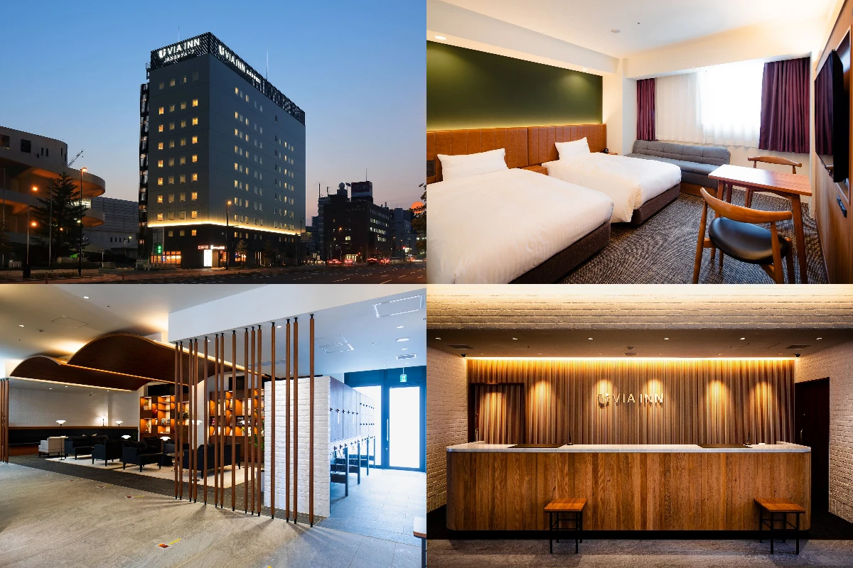 히로시마 숙소 추천 2026|주요 호텔 10곳, 역 직결·대욕장·가족 객실 비교 VIA INN PRIME Hiroshima Shinkansenguchi: 호텔 외관, 침대 두 개로 구성된 디럭스 트윈 객실, 로비 공간, 프런트 데스크