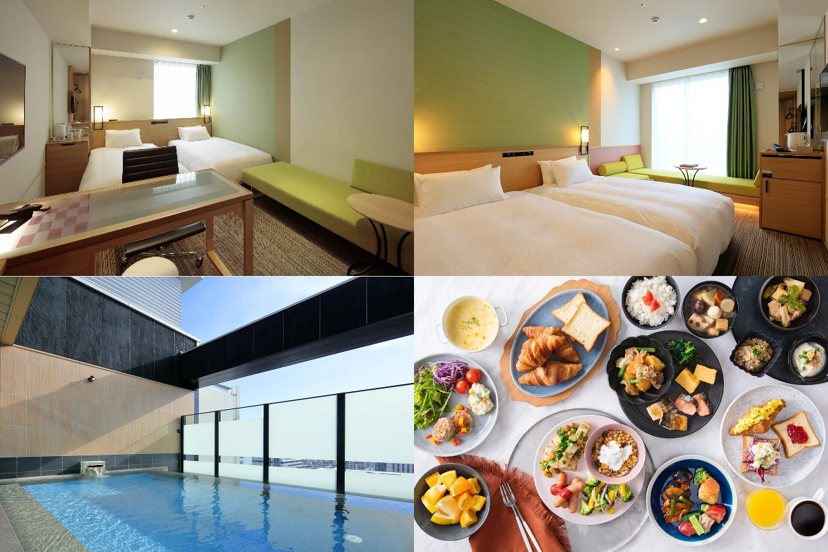 히로시마 숙소 추천 2026|주요 호텔 10곳, 역 직결·대욕장·가족 객실 비교 Candeo Hotels Hiroshima Hatchobori: 넓은 책상이 있는 트윈 객실, 트윈 객실, 옥상 노천탕, 조식 예시