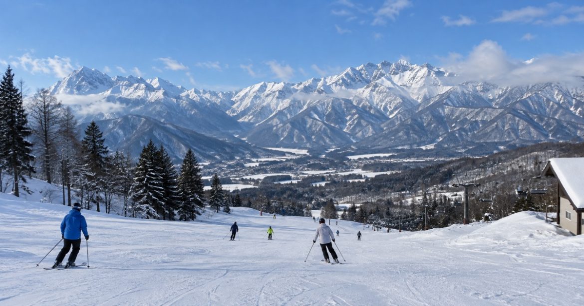 白馬滑雪旅行攝影風格示意圖:雪坡、滑雪者與日本北阿爾卑斯山;AI生成非實拍