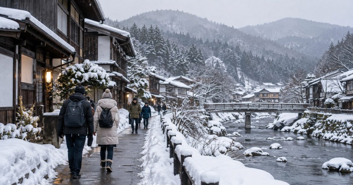 日本冬季旅行攝影風格示意：穿冬衣的旅客走過雪地小鎮，遠方有山林；AI生成非當季雪況實拍