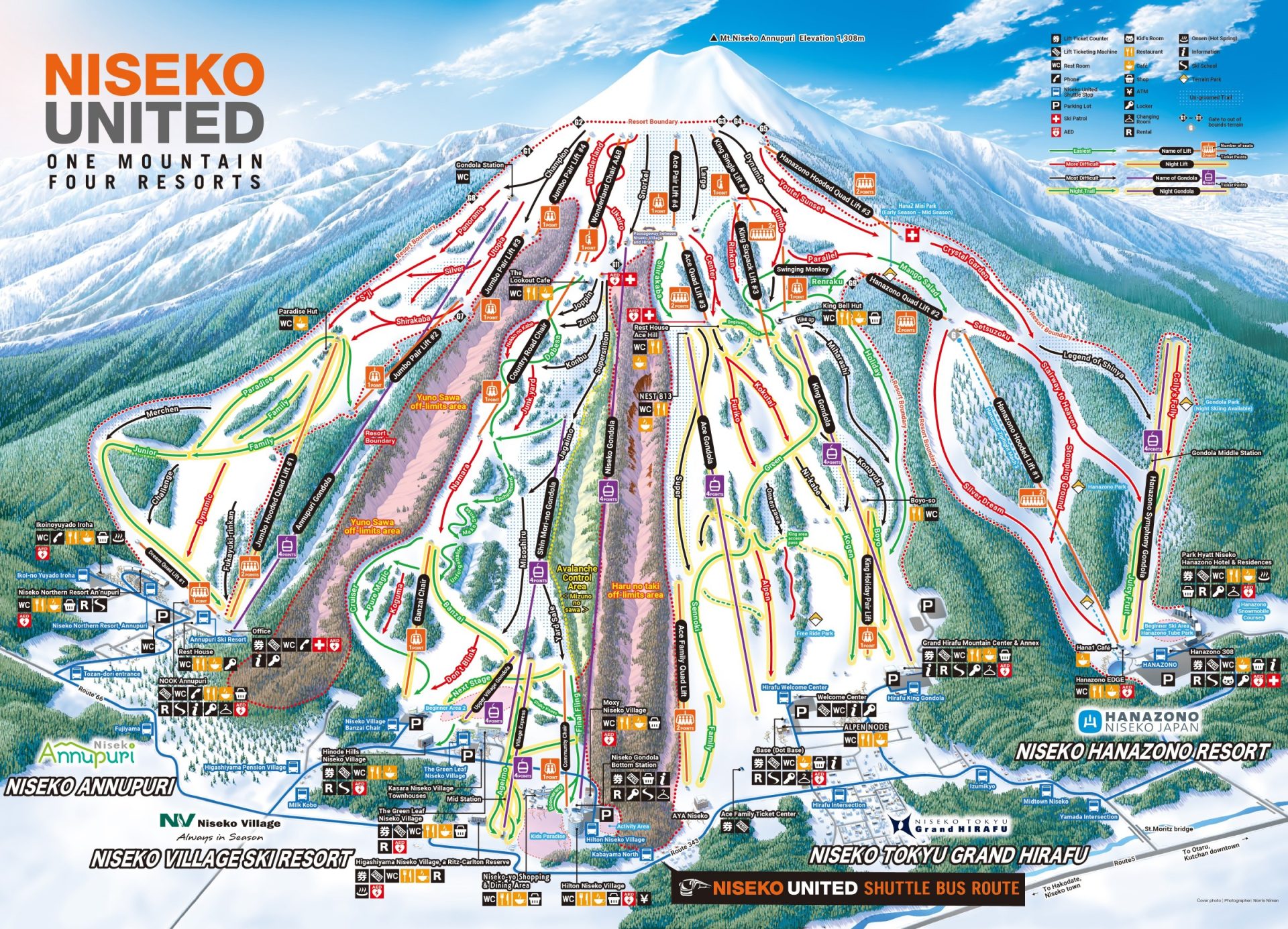 Niseko Ski Resort Guide 2026: Four Areas, 2026–27 Lift Passes and Beginner Planning Official Niseko United 2026–27 trail map showing Annupuri, Niseko Village, Grand Hirafu and Hanazono ski areas and trail difficulty colours
