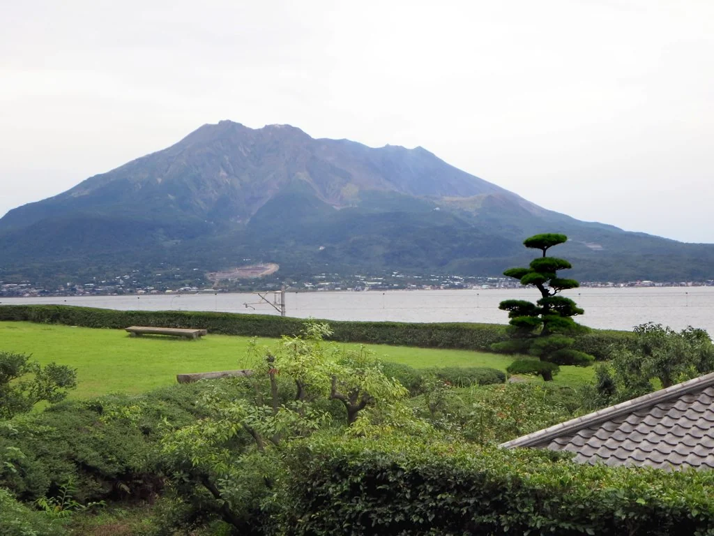 Sakurajima across Kagoshima Bay from Sengan-en, with garden lawns and pruned trees in the foreground (photographed in 2016)