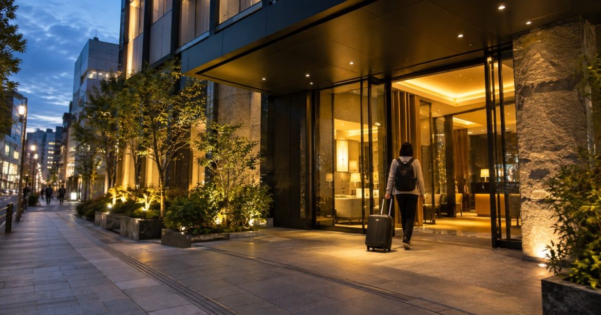 東京酒店入住旅行攝影風格示意：旅客攜行李走進城市酒店大堂；AI生成非指定酒店實拍